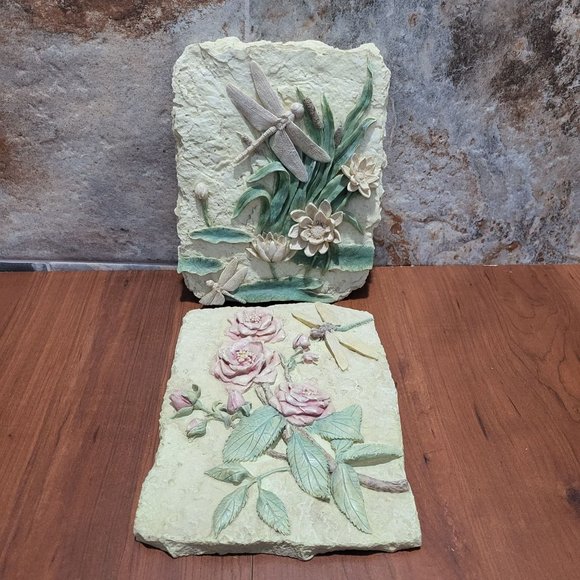 Botanical Clay Flower Dragonfly Art Wall Sculpture Plaster Cream Tile - Picture 12 of 14
